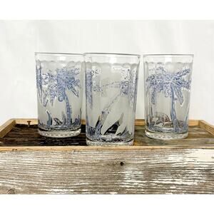 Vintage Set of Three, 7oz Frosted and Embossed Blue Palm Tree Tumblers
